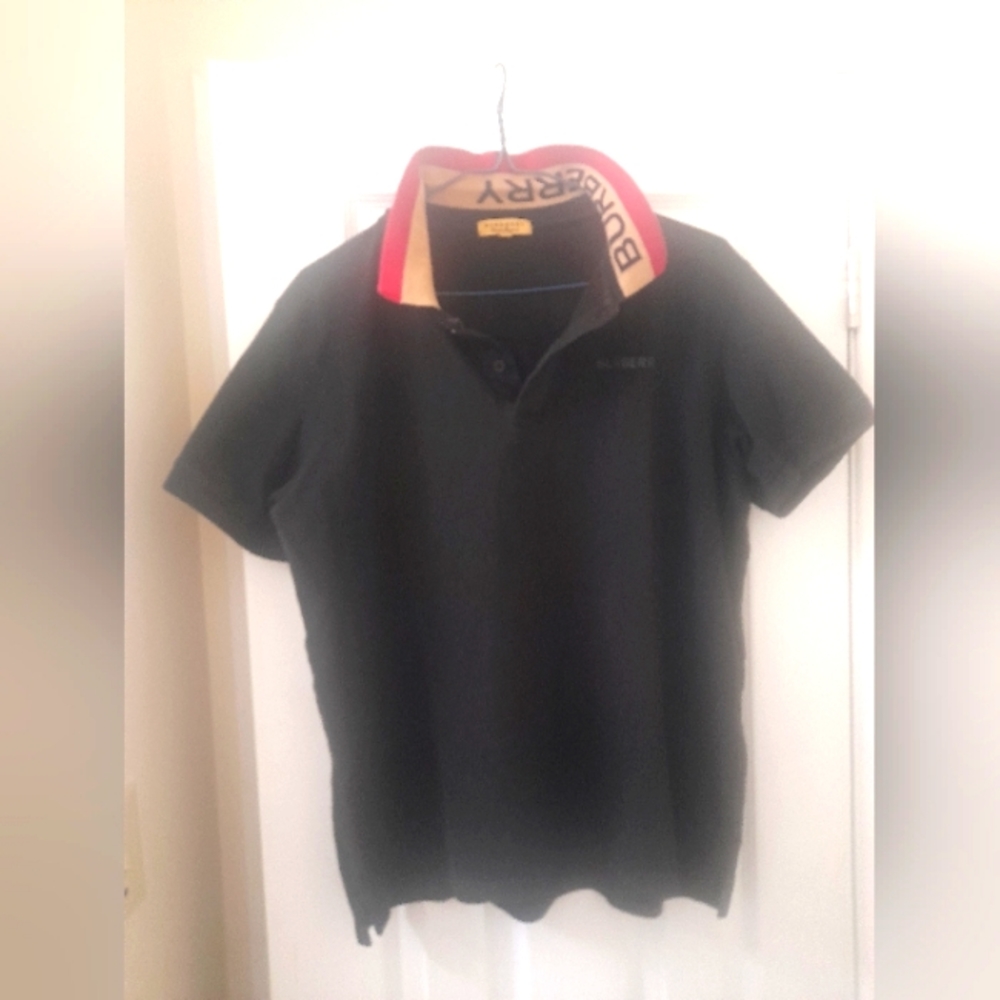 Burberry Black Polo Shirt with Red and Tan Collar